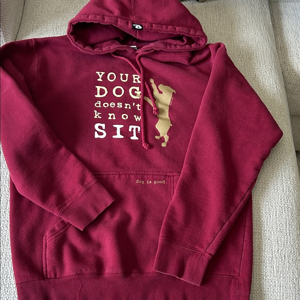 A “FUN”Dog-Themed BURGUNDY Hoodie for Women. Roomy for a size S.